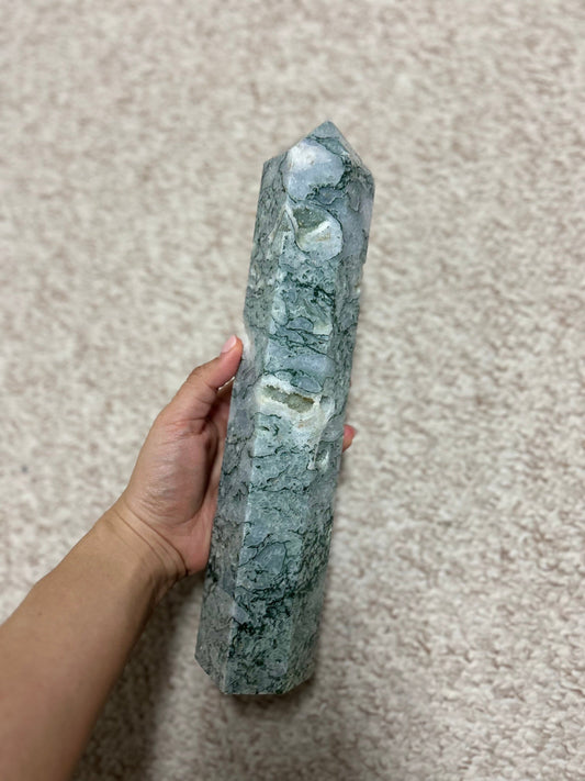 XL 1.949kg Druzy Moss Agate Tower 31cm tall