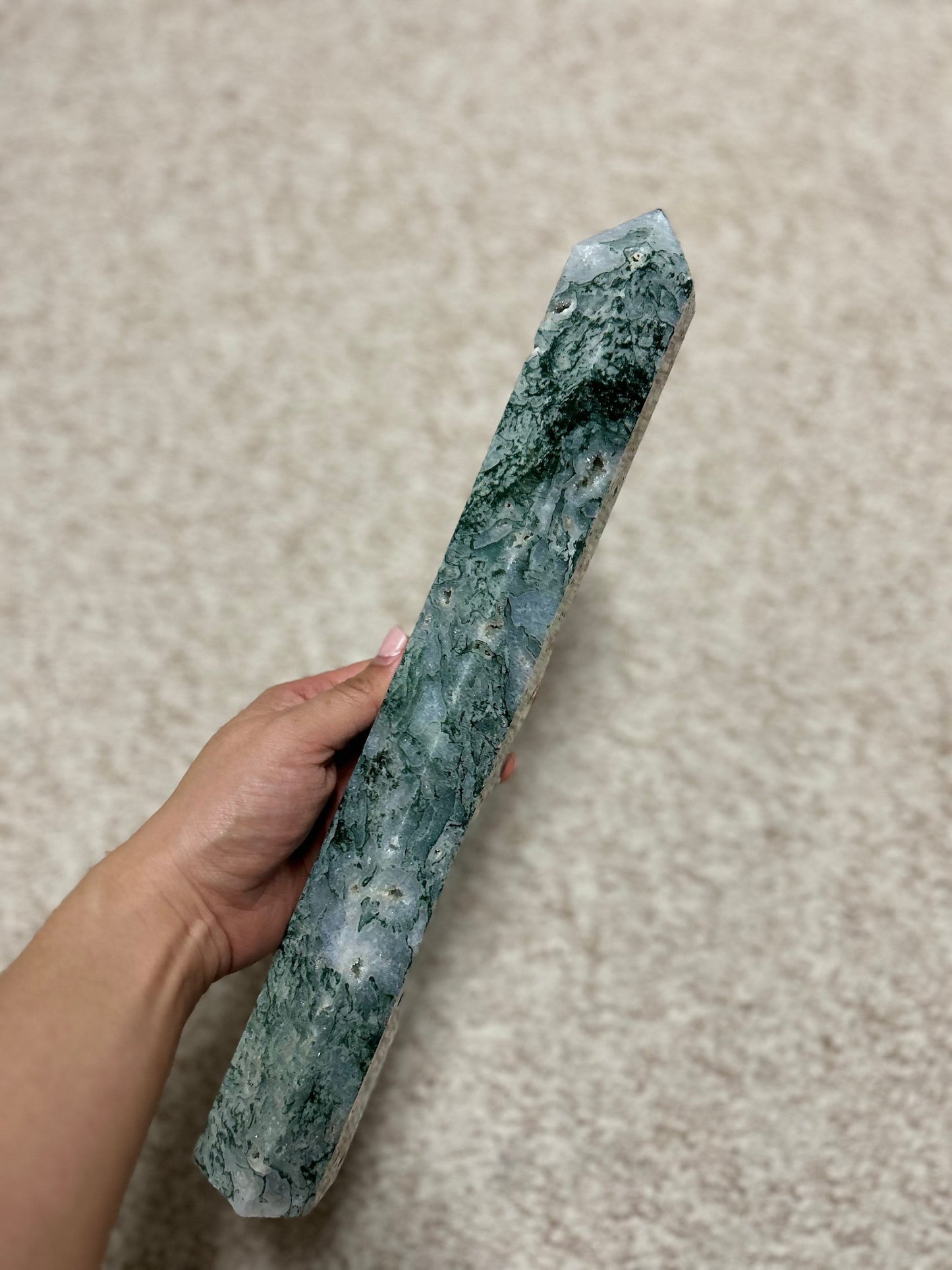 XL 1.588kg Druzy Moss Agate Tower 37cm tall