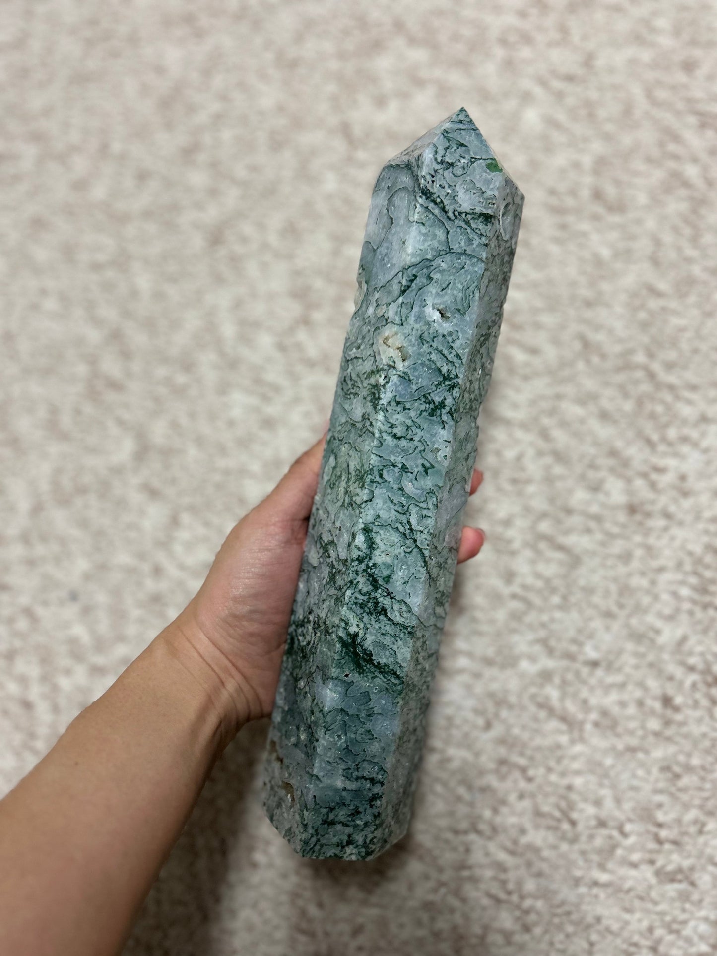 XL 1.949kg Druzy Moss Agate Tower 31cm tall