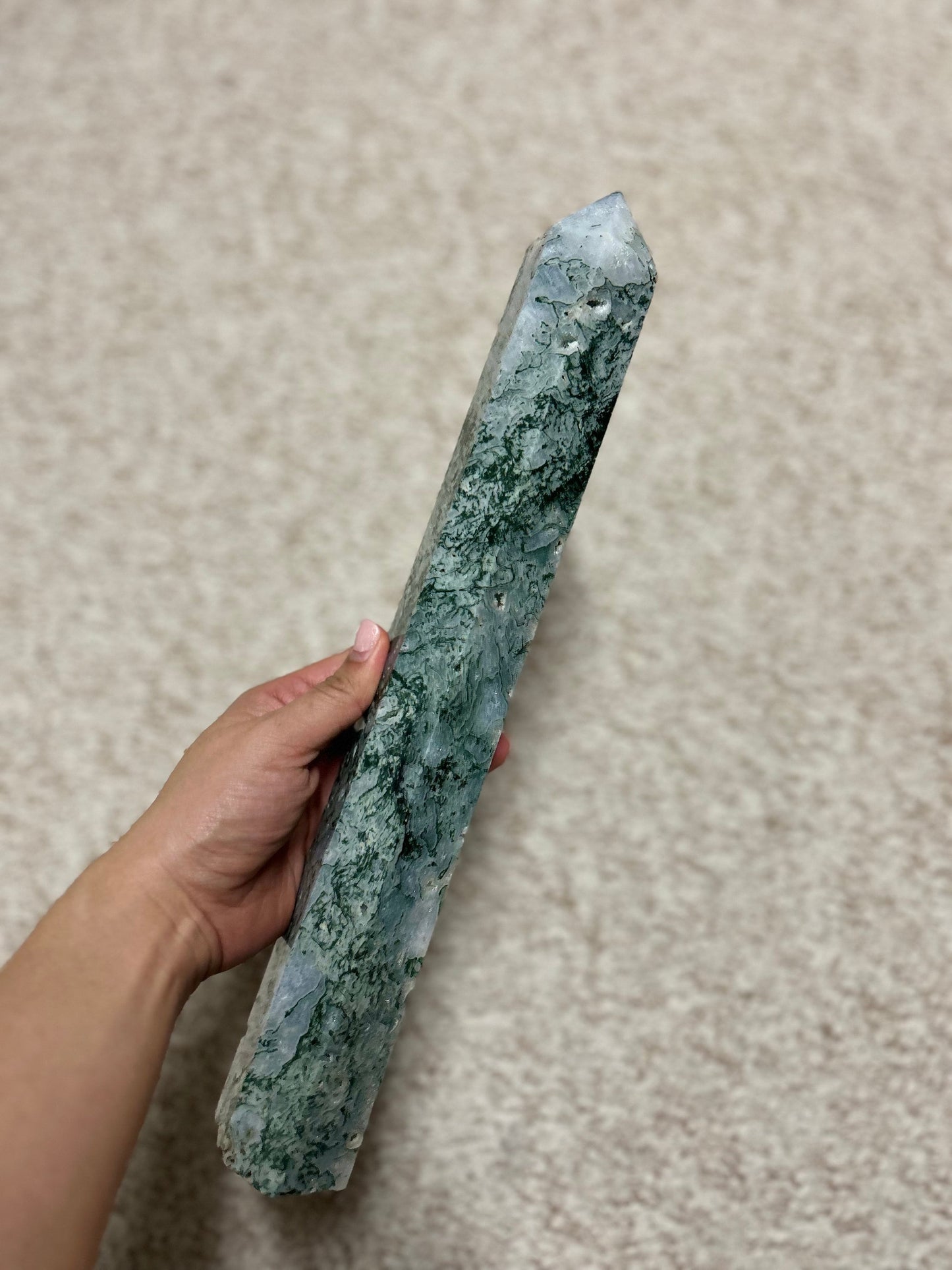 XL 1.588kg Druzy Moss Agate Tower 37cm tall